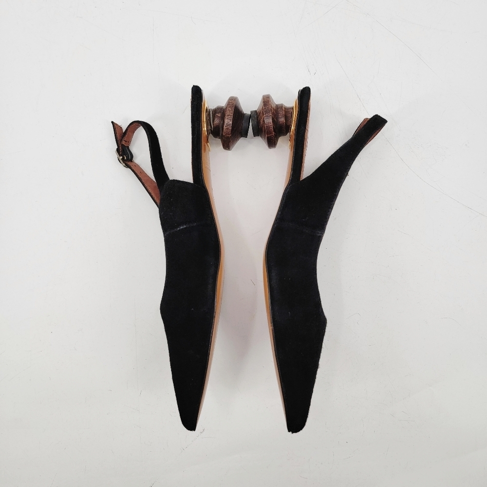 Souliers Martinez Black Pointed Toe Wooden Kitten Heel Slingback Size 8 EU 39 - Picture 3 of 16